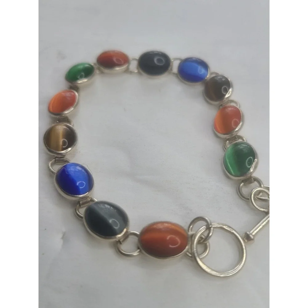 Vintage Multicolor Gemstone Link Bracelet With Toggle Clasp